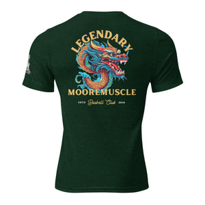 Green MooreMuscle Legendary tee with dragon graphic and MMBC logo on back