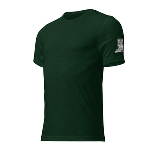 Side view of green MooreMuscle Legendary t-shirt with sleeve logo