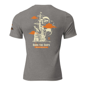 Gray tri-blend tee, back view, Burn the Ships ship and flame graphic