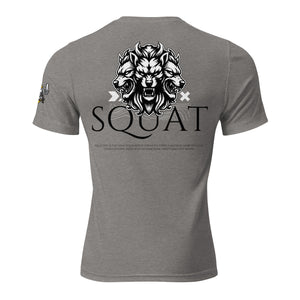 Gray tri-blend tee, back view, Squat lion graphic
