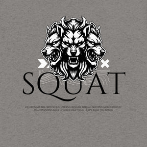 Squat lion graphic artwork with “SQUAT” text on gray background