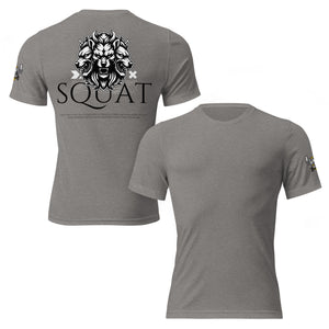 Gray tri-blend tee shown front and back, Squat graphic printed on back