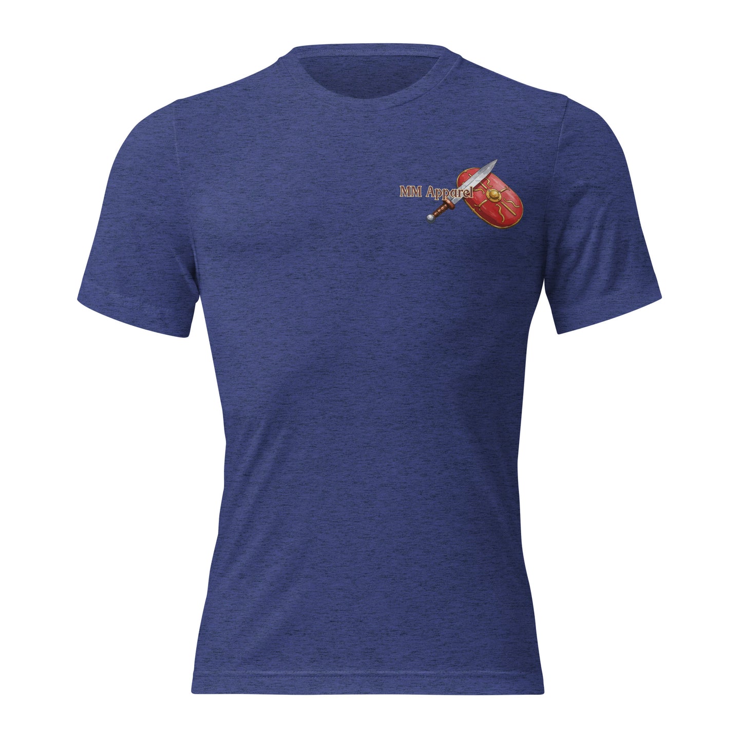 Blue unisex tri-blend t-shirt with small MM Apparel shield and dagger logo on the left chest.