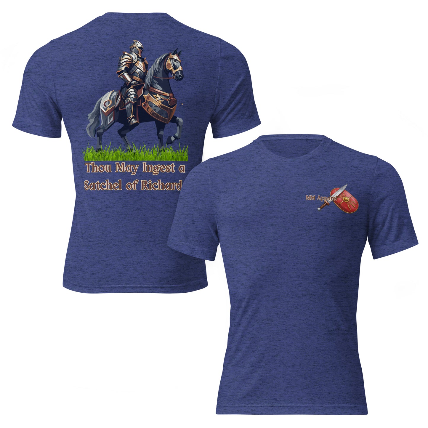 MM Apparel unisex tri-blend t-shirt showing small chest logo on front and knight graphic with medieval text on back.
