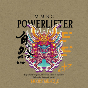 Powerlifter logo with colorful dragon design and text on a brown background