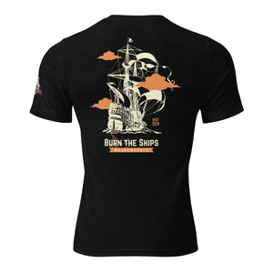Black tri-blend tee, back view, Burn the Ships ship and flame graphic