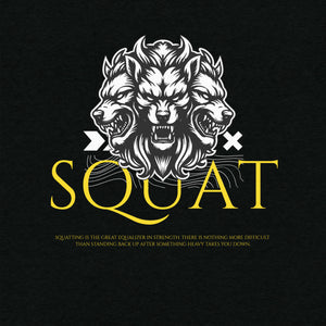 Squat lion graphic artwork with “SQUAT” text on black background