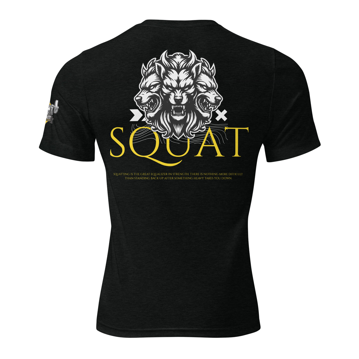 Black tri-blend tee, back view, Squat lion graphic with “SQUAT” text