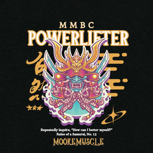 Powerlifter graphic with colorful dragon design and text on a black background
