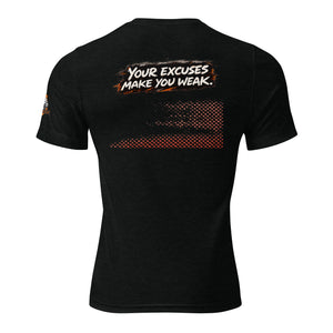 MooreMuscle MMBC t-shirt back design with “Your Excuses Make You Weak” text