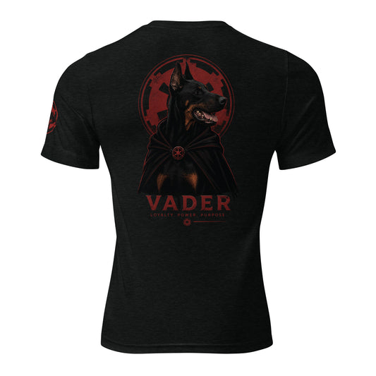 Vader Doberman Sith t-shirt back print with red graphic on black tri-blend shirt