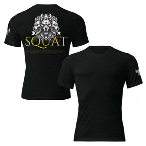 Black tri-blend tee shown front and back, Squat graphic printed on back