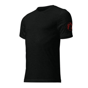 Black tri-blend t-shirt front view with clean minimalist design and sleeve logo