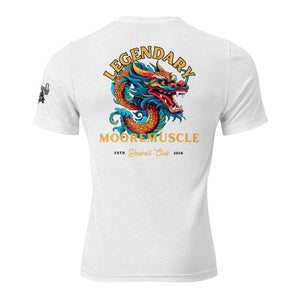 White MooreMuscle Legendary tee with dragon graphic and MMBC logo on back