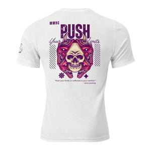 White tri-blend tee, back view, Push Your Limits graphic 