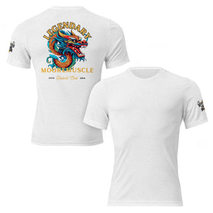 White t-shirt with colorful dragon design and text on a white background
