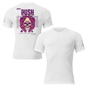 White tri-blend tee shown front and back with Push Your Limits graphic design