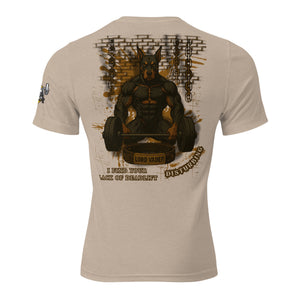 Tan tri-blend tee, back view, Lord Vader deadlift memorial graphic