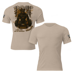Tan tri-blend tee shown front and back, Lord Vader graphic printed on back
