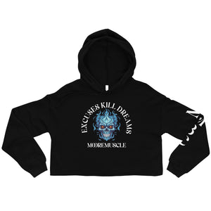 Front view of black MooreMuscle Excuses Kill Dreams women’s cropped hoodie