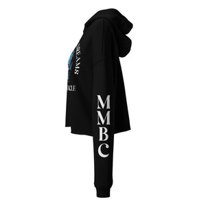 Side profile of black women’s cropped hoodie with MMBC sleeve print