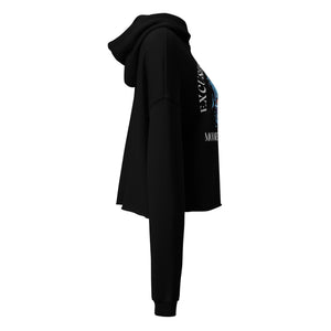 Women’s black cropped sweatshirt with raw hem and MooreMuscle sleeve logo