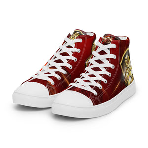 MooreMuscle red high top canvas lifting shoes with white laces and flat sole
