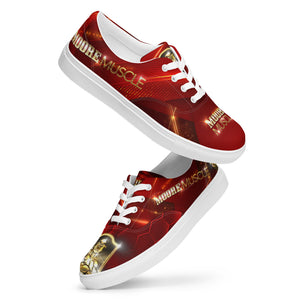 MooreMuscle red low top canvas lifting shoes with graphic design and white sole