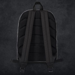 Rear view of MooreMuscle backpack with padded mesh back panel and ergonomic shoulder straps