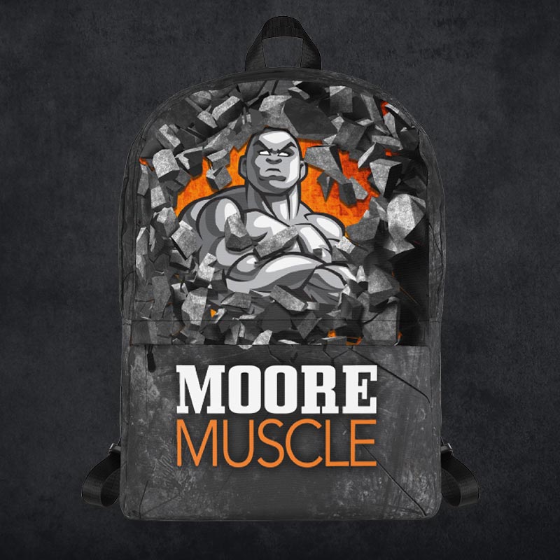 MooreMuscle performance backpack featuring gray stone texture design with muscular figure graphic and orange Moore Muscle logo on front