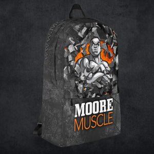 Angled view of MooreMuscle gray athletic backpack with bold front graphic and orange branding