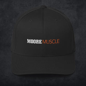 MooreMuscle black snapback hat with embroidered logo, structured 6 panel design and flat brim