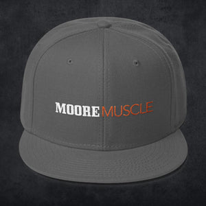MooreMuscle charcoal grey snapback hat with embroidered logo, structured athletic fit and flat brim