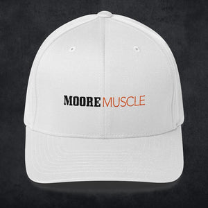 MooreMuscle white snapback hat with embroidered logo, clean structured design and flat brim