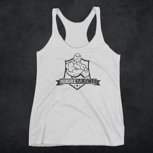 MooreMuscle Ladies Logo Racerback Tank — Heather White