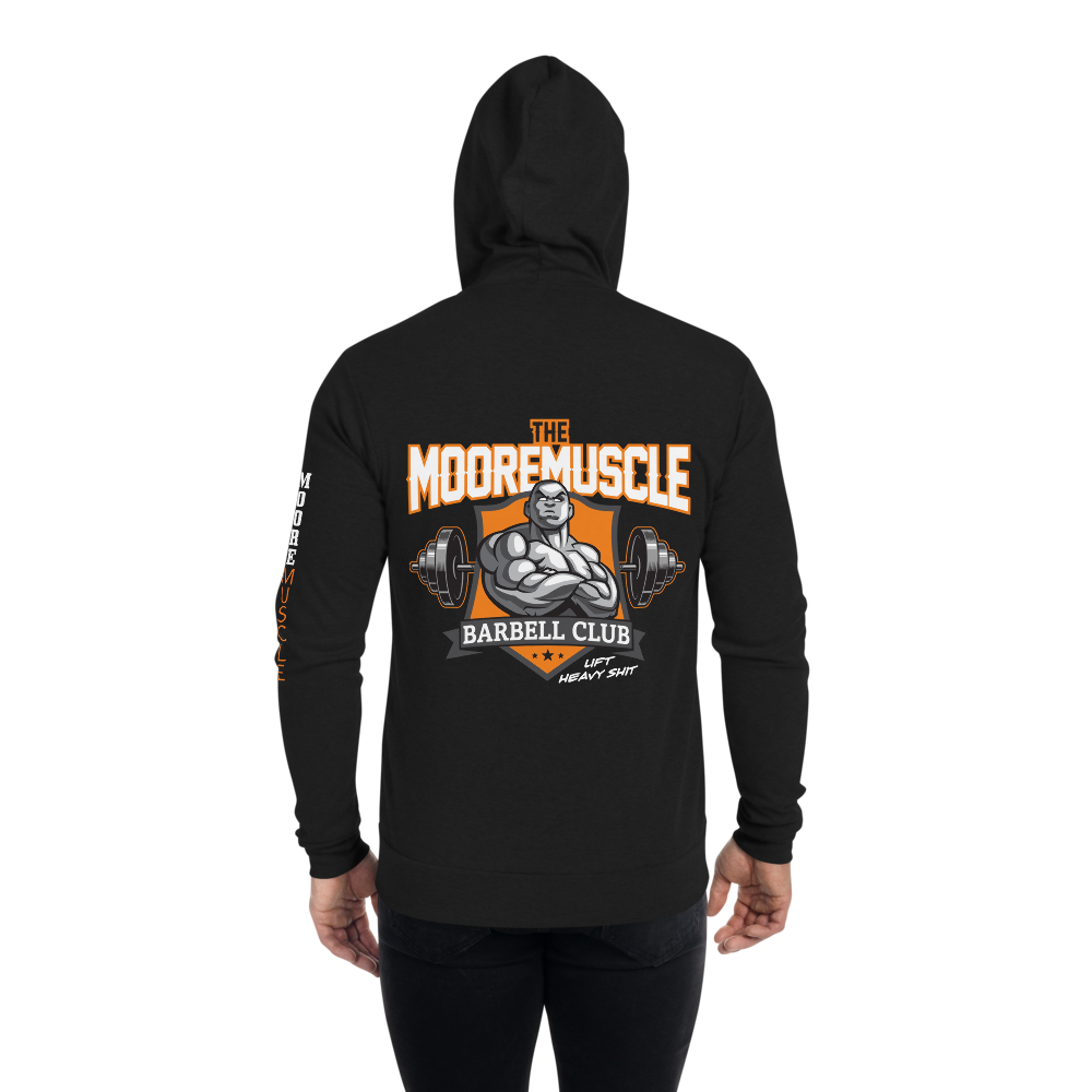 MMBC Team Zip Hoodie back view black hoodie with large MooreMuscle Barbell Club graphic on back