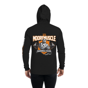 MMBC Team Zip Hoodie back view black hoodie with large MooreMuscle Barbell Club graphic on back