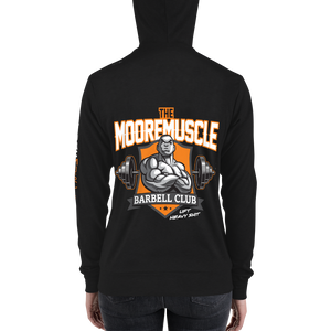 MMBC Team Zip Hoodie women’s back view black hoodie with MooreMuscle Barbell Club graphic