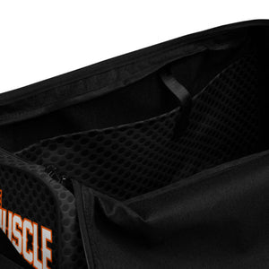 Close-up of mesh pocket on MooreMuscle gym duffle bag