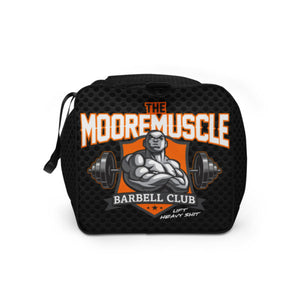 Front panel close-up of MMBC duffle bag with MooreMuscle Barbell Club graphic