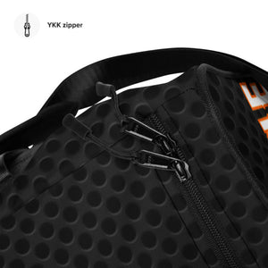 Close-up of zipper on MooreMuscle Barbell Club duffle bag