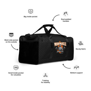MMBC duffle bag feature overview showing pockets, strap, and carrying options
