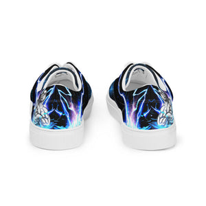 Rear heel view of MooreMuscle blue lightning low top sneakers showing back design and color detail