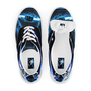 Top-down view of MooreMuscle blue lightning low tops highlighting laces, tongue, and interior branding