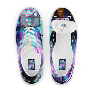 Overhead angle of MooreMuscle glitch low tops highlighting tongue, laces, and interior branding