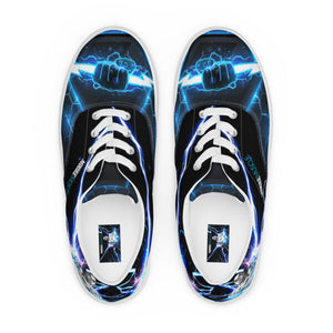 Overhead paired view of MooreMuscle blue lightning sneakers showing symmetrical design and toe box detail