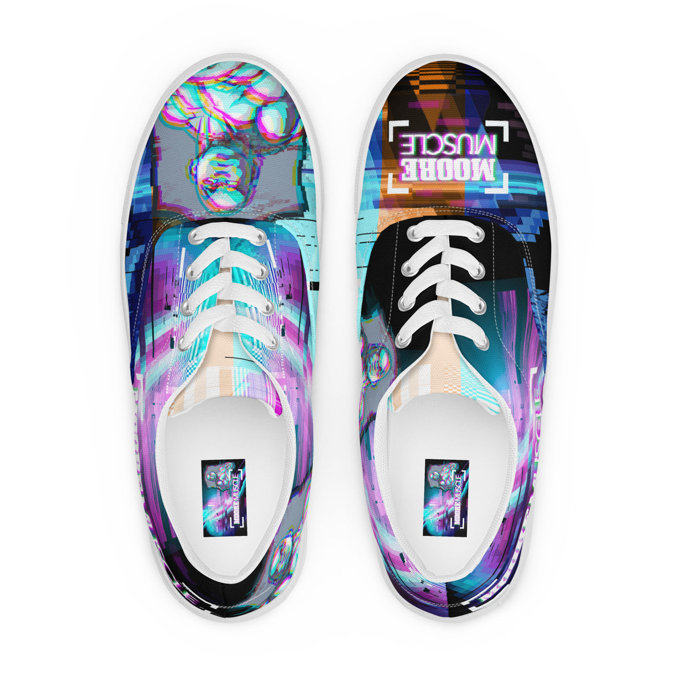 Top view of MooreMuscle glitch low top sneakers with colorful abstract design and white laces