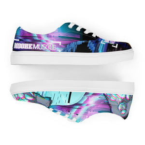 Side profile of MooreMuscle glitch low top sneakers showcasing full graphic design and silhouette