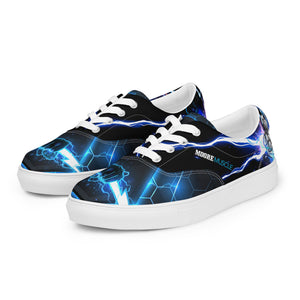 Side profile view of MooreMuscle blue lightning low top sneakers showcasing full graphic and silhouette