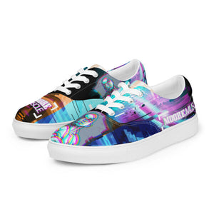 Angled side view of MooreMuscle glitch low tops with vibrant multicolor pattern and white sole